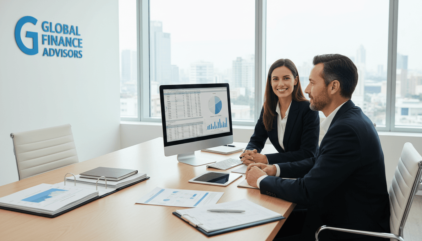 Professional financial advisor meeting with client at modern office desk