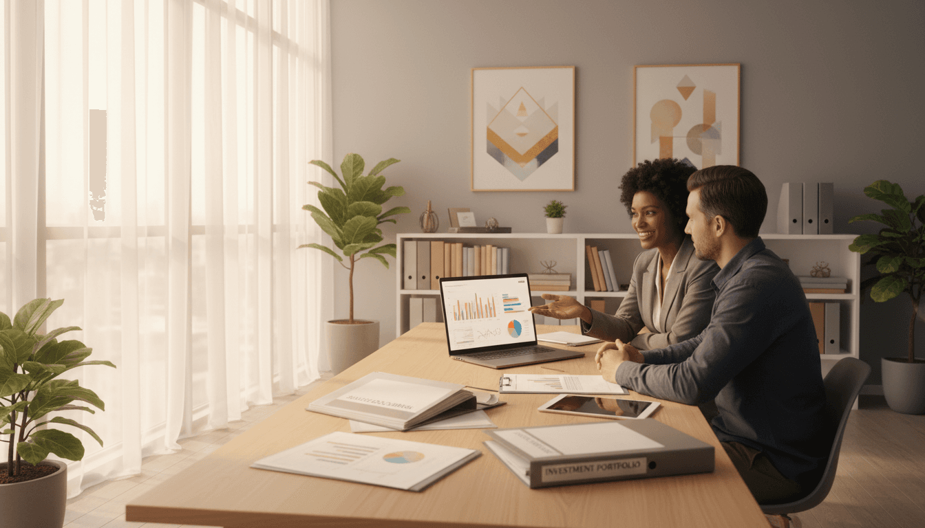 Professional financial advisor meeting with client at desk with documents and laptop in modern office