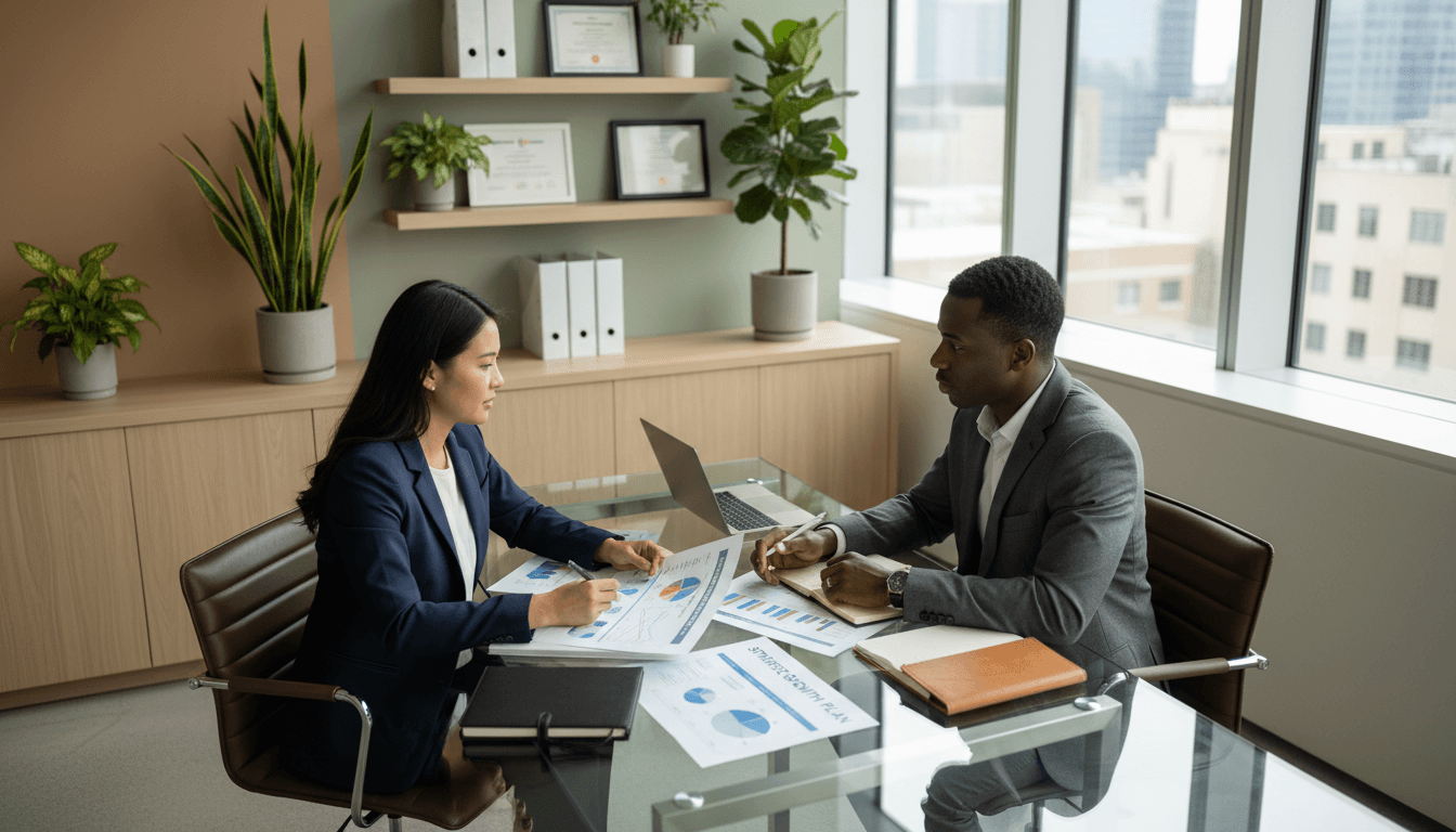 Financial advisor reviewing documents with client in professional office setting